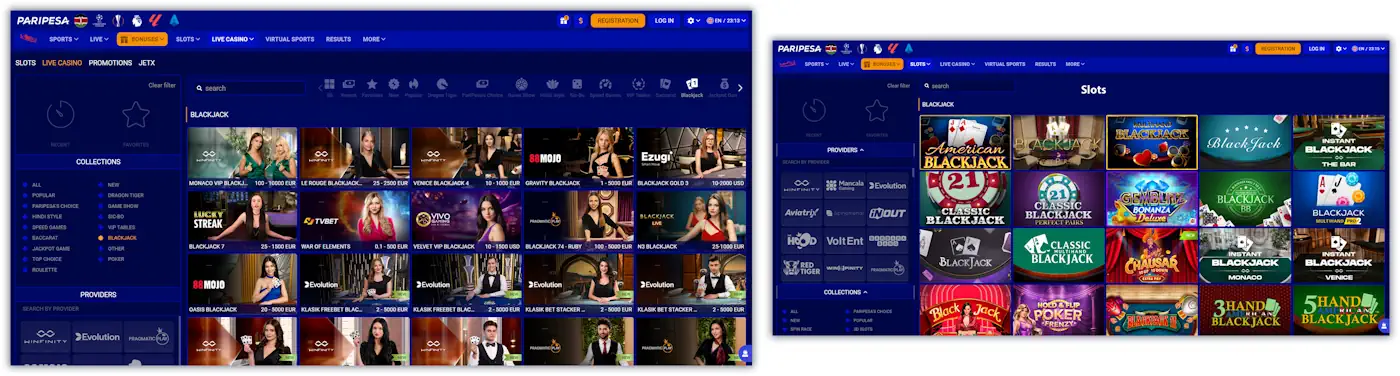 Paripesa Casino Blackjack Games Screenshot